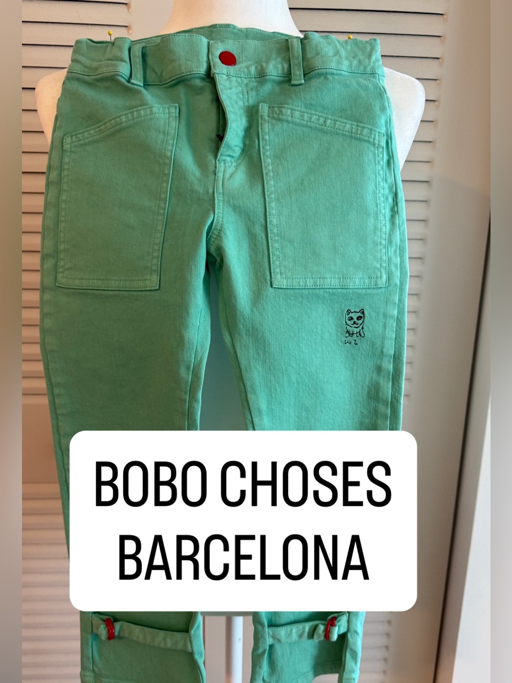 Bobo Choses Mint Green Kids Jeans with Cat Patch